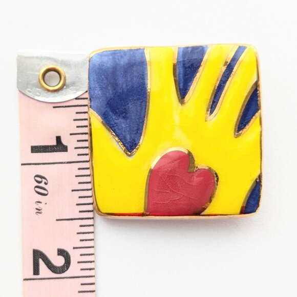 Vintage Square Ceramic Hand Heart Brooch Pin Handmade Hand Painted Jewelry - Picture 5 of 5